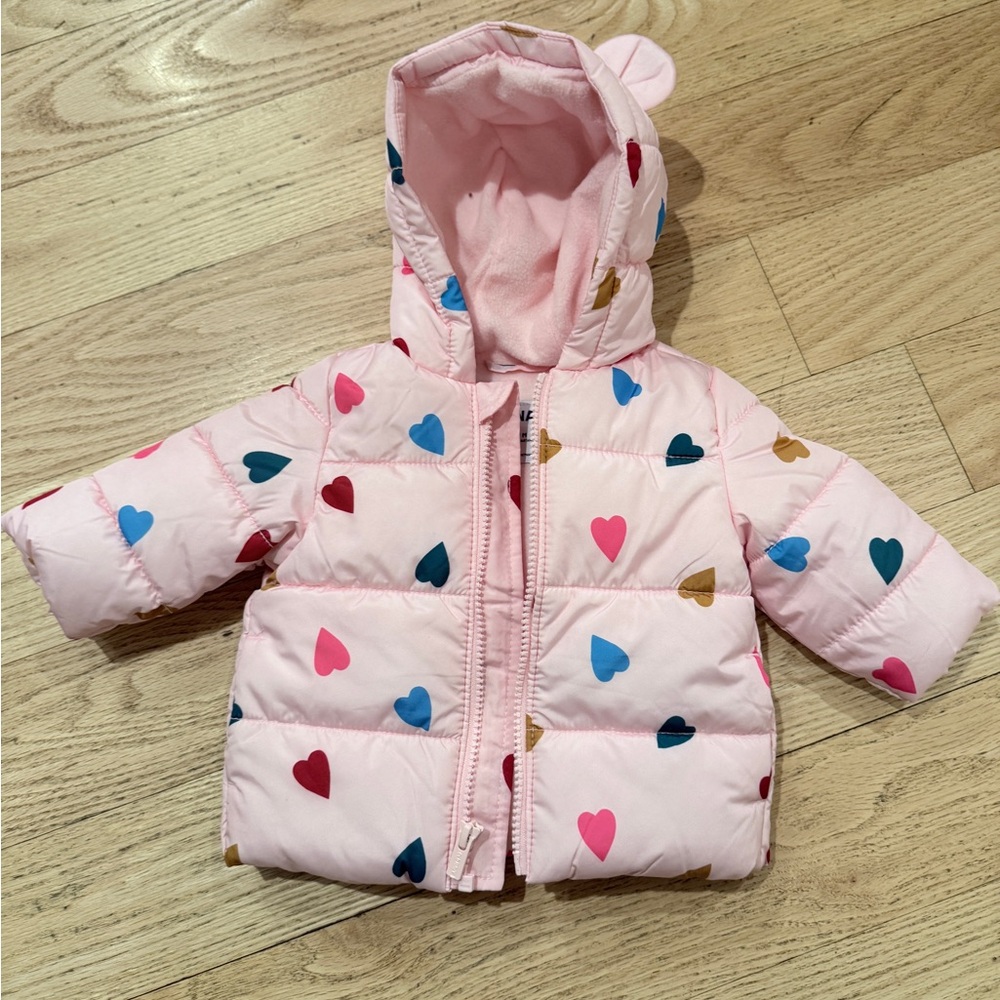 Old Navy Pink Heart Hooded Puffer Jacket